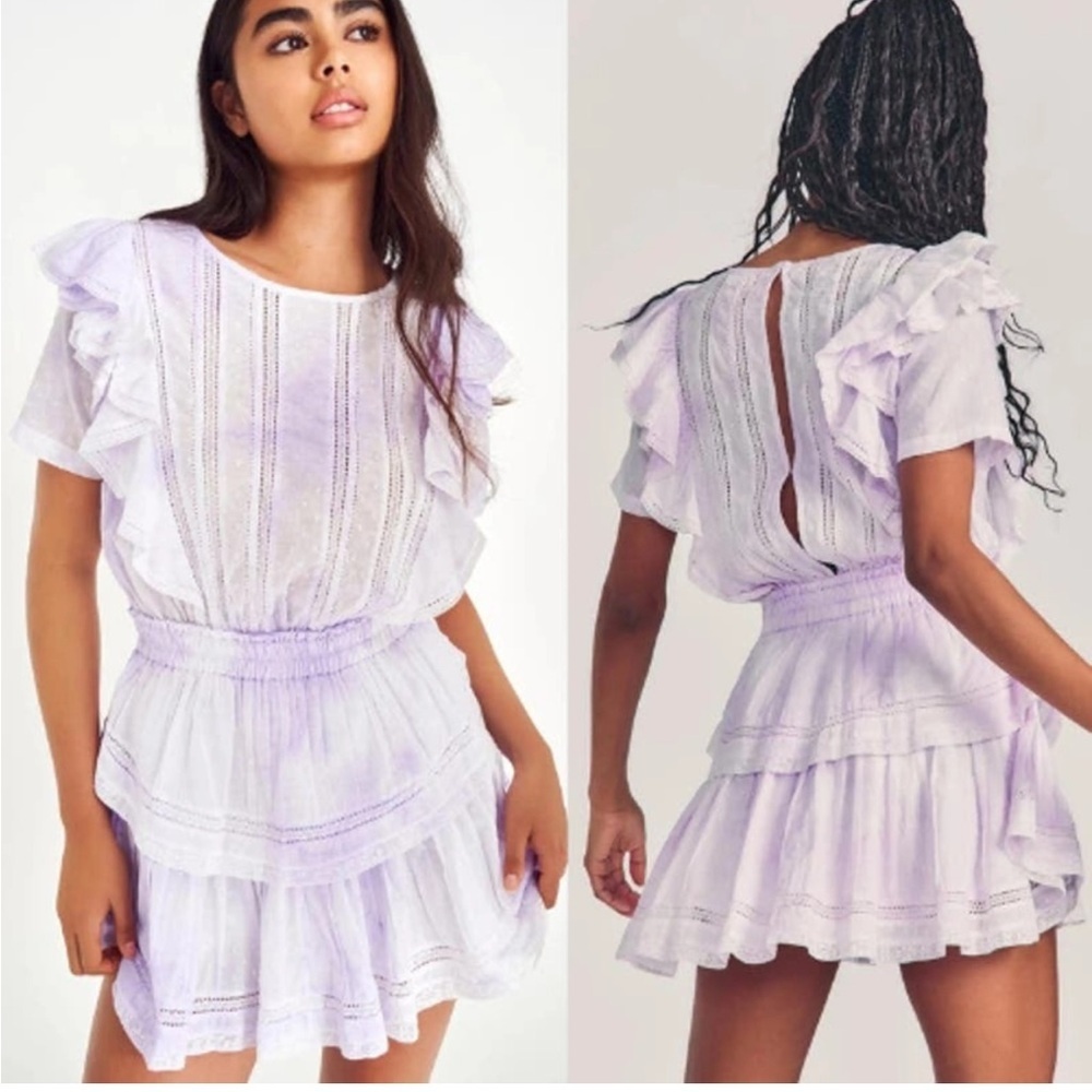 LOVESHACKFANCY NATASHA MINI RUFFLE DRESS SIZE XS VIOLET SPLASH HAND DYED